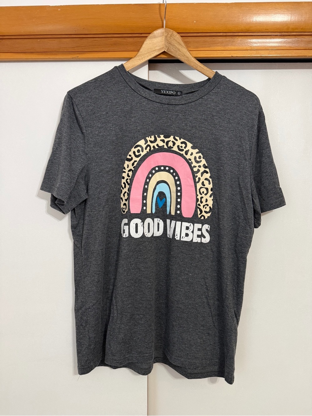 “Good Vibes" Charcoal Graphic Tee - Pink Rainbow